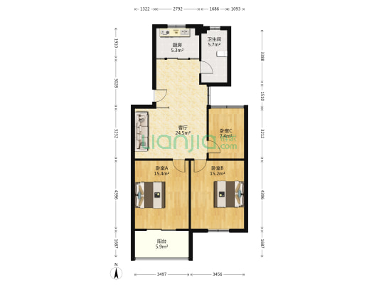 腾龙嘉园 3室1厅1卫 96平方