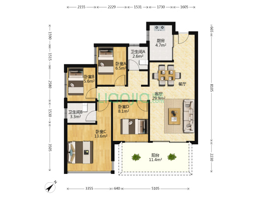 万科金域中央一期 4室1厅2卫 108平方