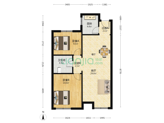 名人海广场 2室1厅1卫 91平方