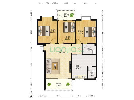 金龙公寓 3室1厅2卫 110平方
