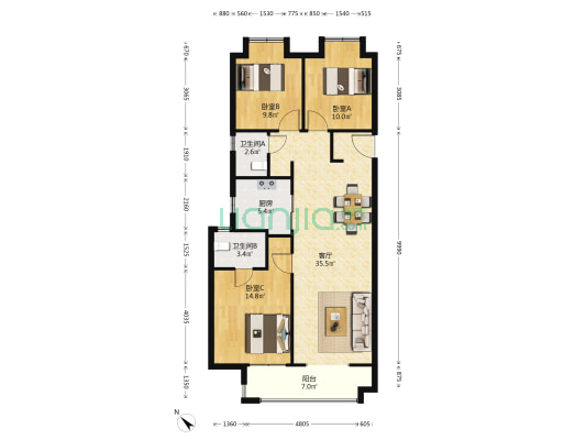 旭辉都会山 3室1厅2卫 117平方