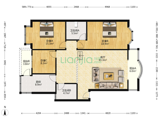 华清苑高尚住宅小区 3室1厅2卫 129平方