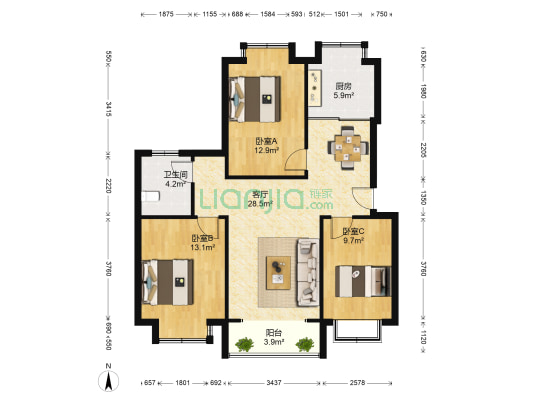 北下庄社区 3室1厅1卫 117平方