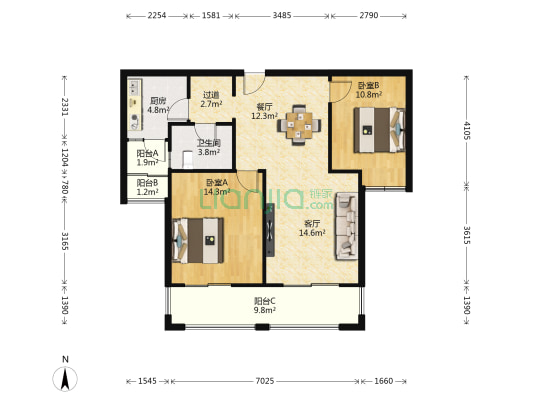 长江峰景 2室2厅1卫 99平方