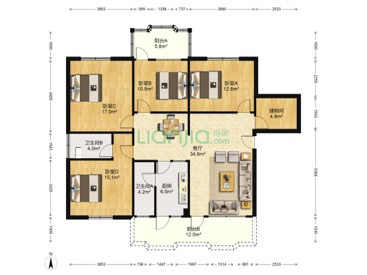 洲心镇政府住宅楼 4室1厅2卫 147平方