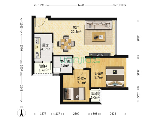 自在城市花园一二期 2室1厅1卫 62平方