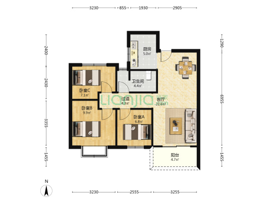 天授宝龙观邸 3室1厅1卫 91平方