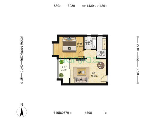 钰海山庄 1室1厅1卫 44平方