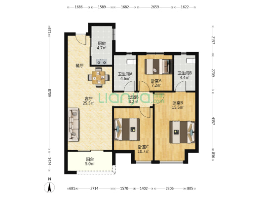 金地滨河风华 3室1厅2卫 112平方
