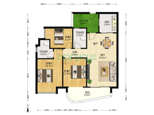 保利海上五月花三期 3室1厅2卫 105平方
