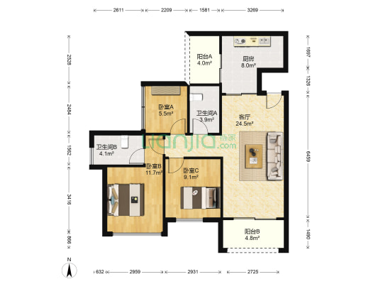 中海锦城 3室1厅2卫 89平方