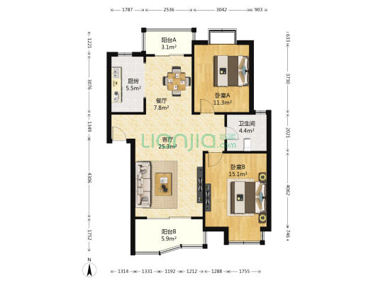 丰盛雅苑 2室2厅1卫 86平方