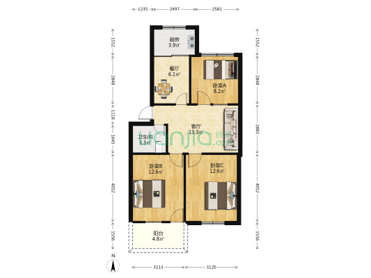 省水土办宿舍 3室2厅1卫 72平方