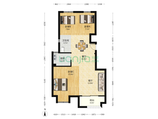 新力云映凤园 3室2厅1卫 90平方