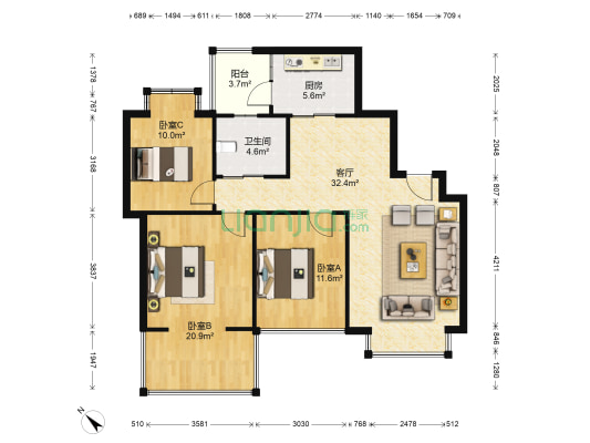 金沙愉景二期 3室1厅1卫 89平方