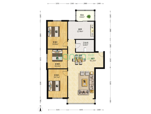 城建草仓公寓 3室1厅1卫 125平方