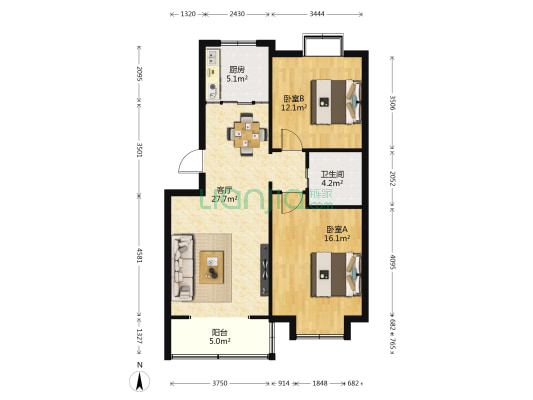 长春北路2号 2室1厅1卫 85平方