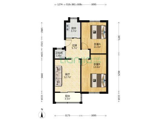 省地矿经济开发区公司宿舍楼 2室1厅1卫 62平方