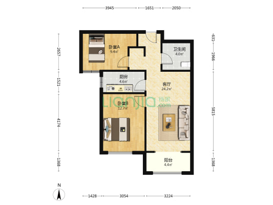 经典两居，带车位，户型方正，采光好-户型图