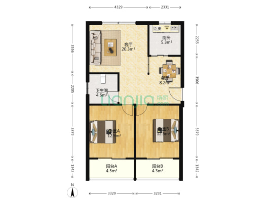 运河人家 2室2厅1卫 97平方