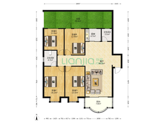 居安园 4室1厅2卫 129平方