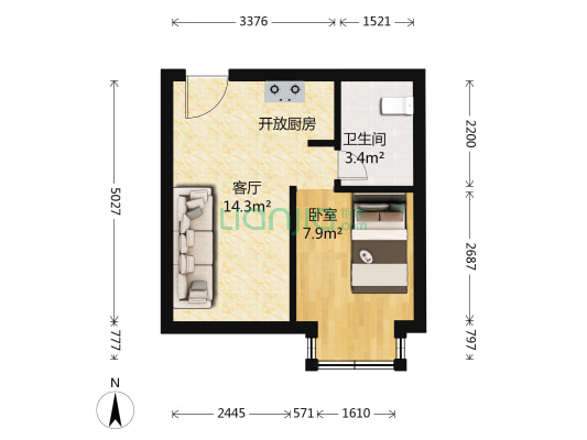 bobo城 1室1厅1卫 45平方