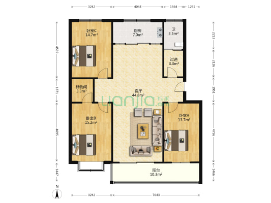东青花园 3室1厅1卫 138平方