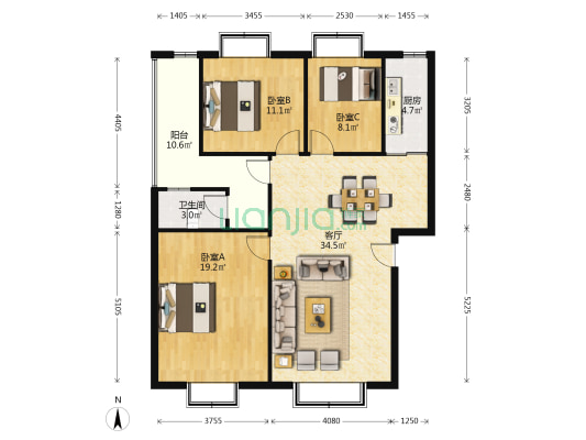前进镇渡口村弯腰树组57号 3室1厅1卫 107平方