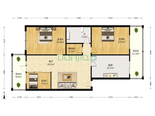 祥泰花园B区 3室1厅1卫 152平方