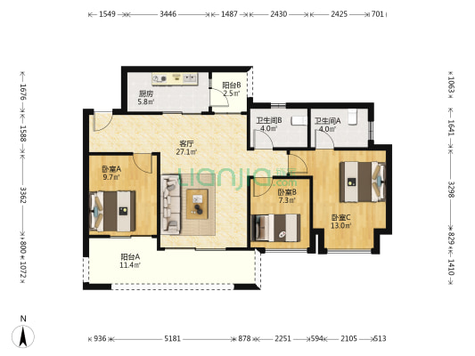 金科美辰 3室1厅2卫 95平方