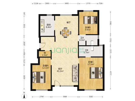 金地风華雅筑 3室1厅2卫 127平方