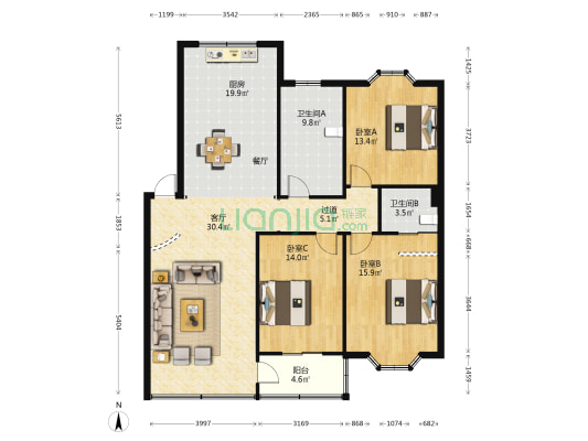 新世纪公寓 3室1厅2卫 137平方