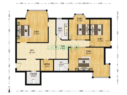 美东国际 4室1厅2卫 167平方
