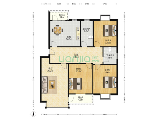 棋杆花苑 3室1厅2卫 147平方