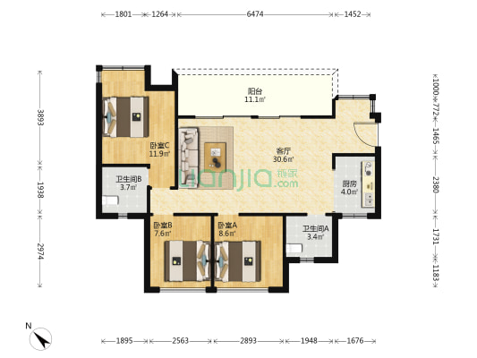 天府大学里 3室1厅2卫 91平方