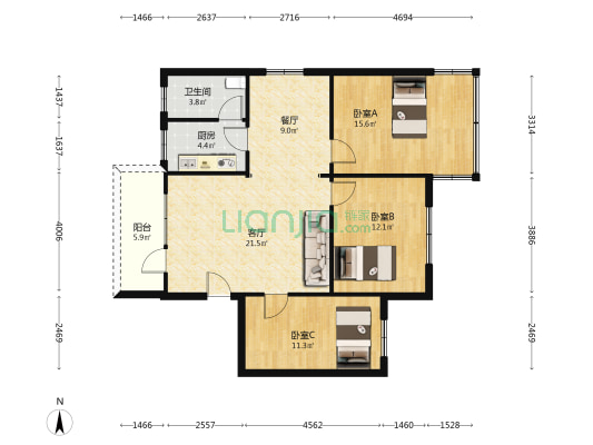兵站宿舍 3室2厅1卫 94平方