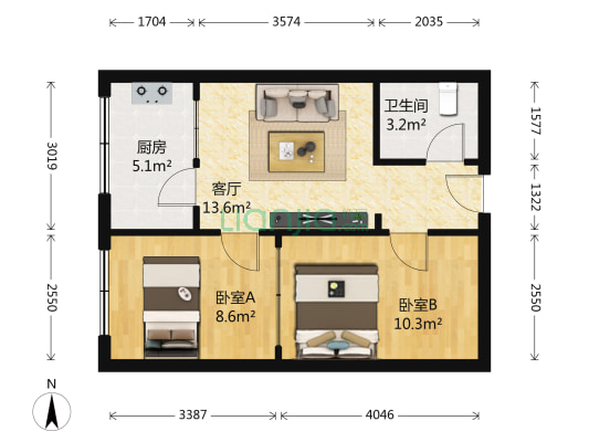 三易小区北楼 2室1厅1卫 68平方