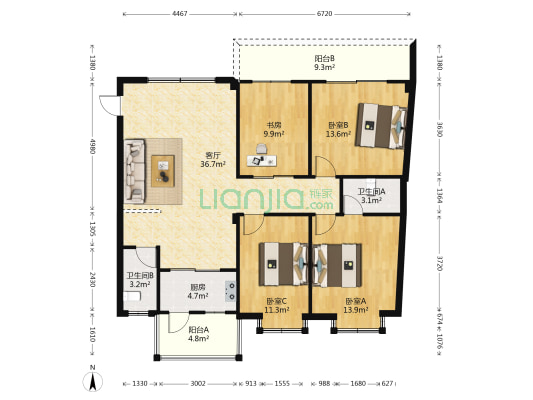 马尾商业步行街A区 4室1厅2卫 132平方