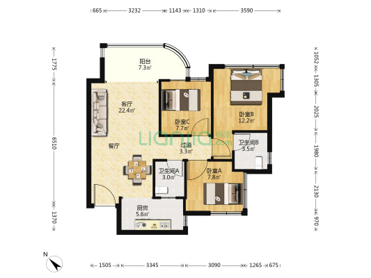 水天花月兰亭墅 3室1厅2卫 89平方