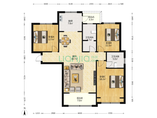 蓝天尚品南区 3室1厅2卫 134平方