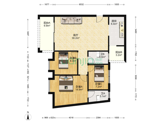 汇盈花园 3室1厅2卫 96平方