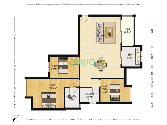 新世界康桥 3室1厅2卫 93平方