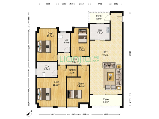 万科缤纷四季南区 4室1厅2卫 156平方