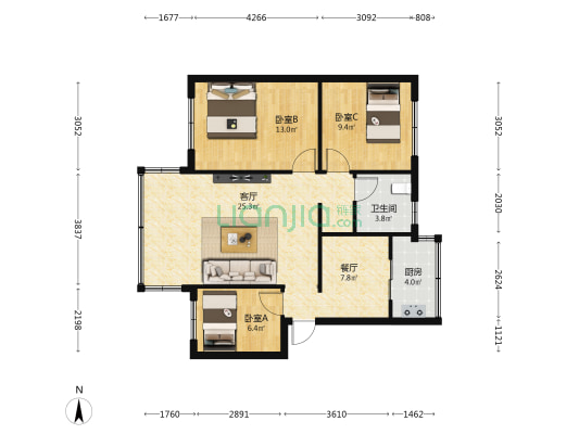 化建小区 3室2厅1卫 78平方