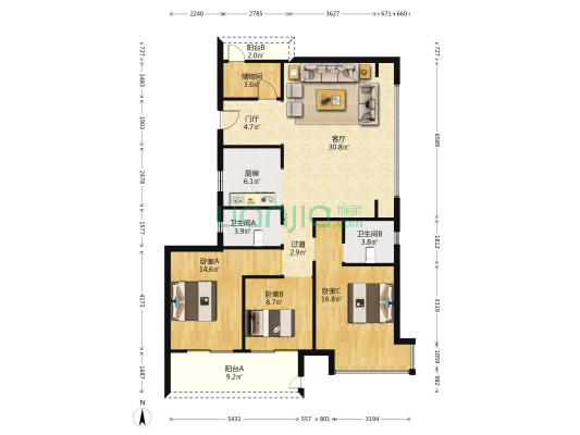保利天汇北区 3室1厅2卫 142平方