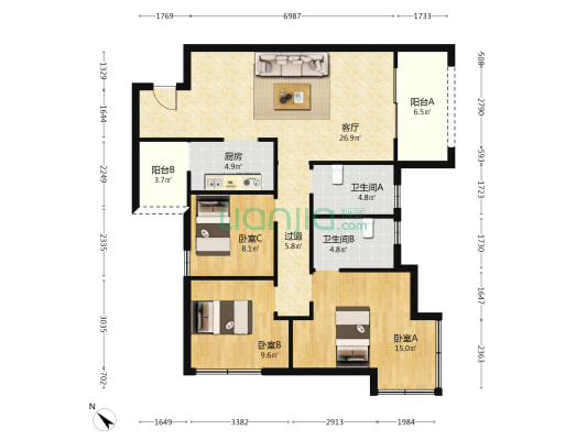 天府桃源 3室1厅2卫 107平方
