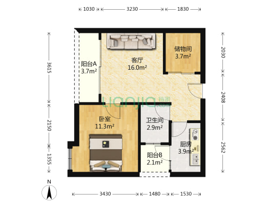方中元美广场 1室1厅1卫 61平方