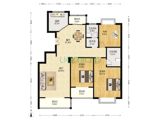 上海诗林(公寓) 3室2厅3卫 141平方