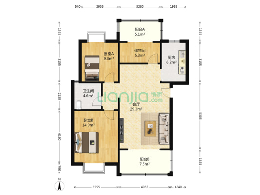 一品台B区 2室1厅1卫 91平方