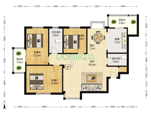 金云里小区 3室2厅2卫 124平方